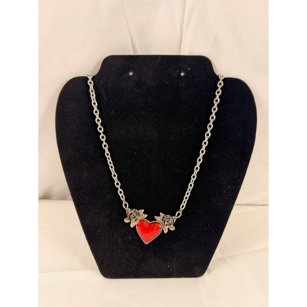 Unbranded Red Heart Rose Necklace OS Silver Gothic Floral Pendant Adjustable
